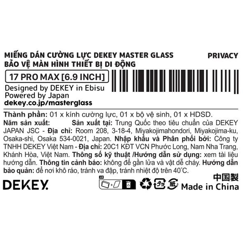 Miếng dán kính cường lực chống nhìn trộm iPhone 17 Pro Max DEKEY 3D Premium Màu Trắng