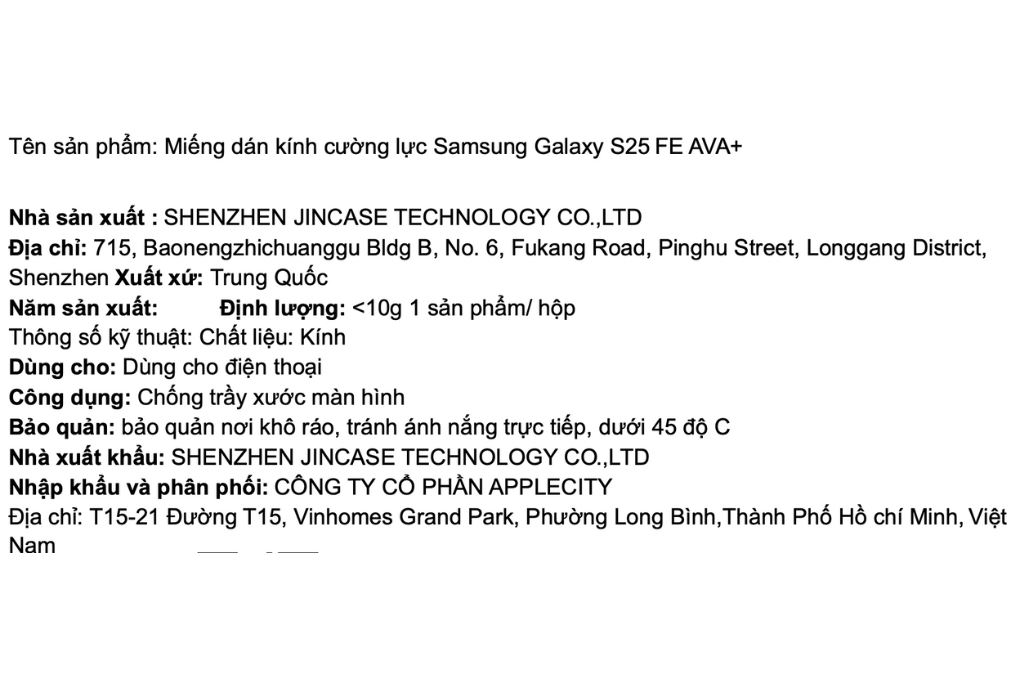 Miếng dán kính cường lực Samsung Galaxy S26 FE/S25 FE AVA+ JC Màu Trắng