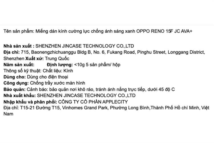 Miếng dán kính cường lực chống ánh sáng xanh OPPO RENO 15F AVA+ JC Màu Trắng