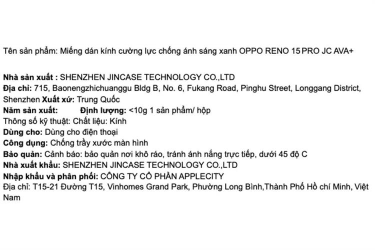 Miếng dán kính cường lực chống ánh sáng xanh OPPO RENO 15 PRO AVA+ JC Màu Trắng