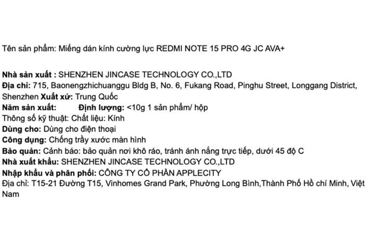 Miếng dán kính REDMI NOTE 15 PRO 4G cường lực AVA+ JC Màu Trắng