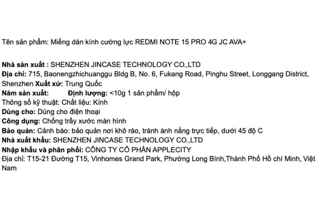 Miếng dán kính cường lực REDMI NOTE 15 PRO 4G AVA+ JC Màu Trắng