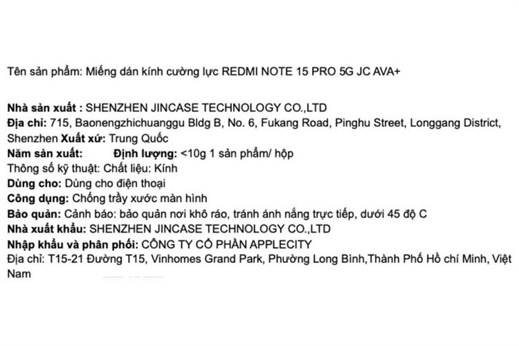 Miếng dán kính cường lực REDMI NOTE 15 PRO 5G AVA+ JC Màu Trắng