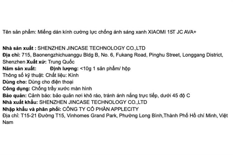 Miếng dán kính cường lực chống ánh sáng xanh XIAOMI 15T AVA+ JC Màu Trắng