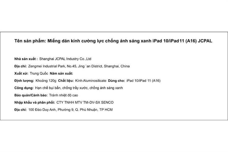 Miếng dán kính cường lực chống ánh sáng xanh iPad 10/iPad 11 (A16) JCPAL Màu Trắng