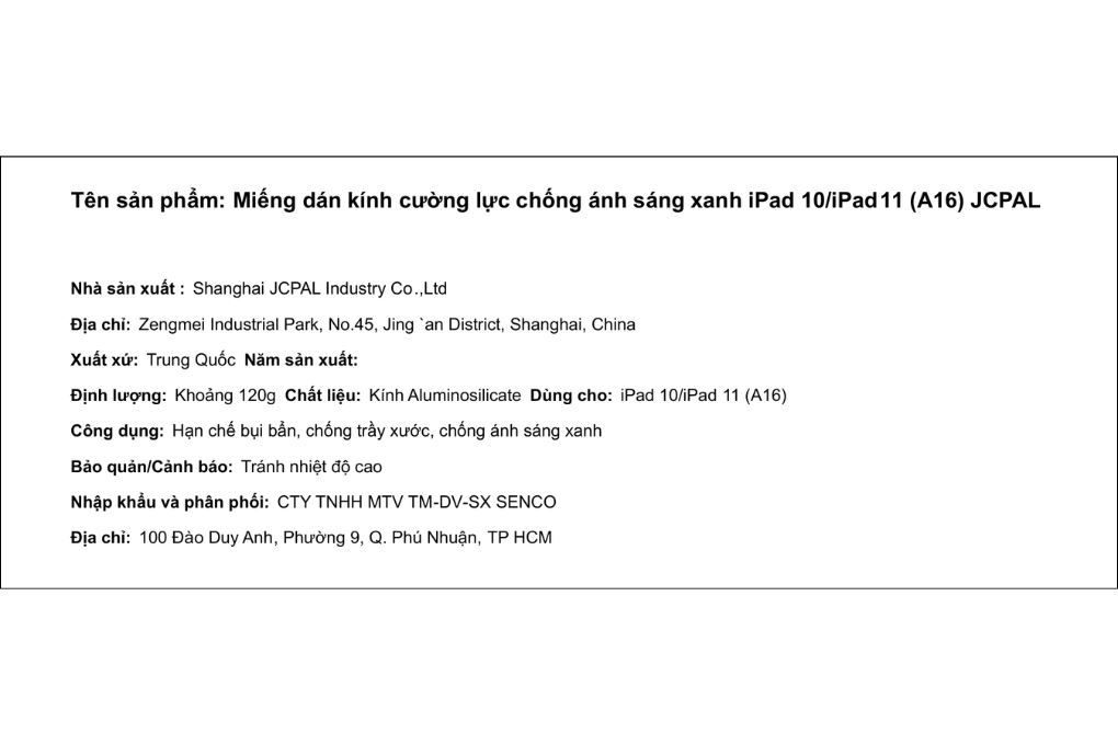 Miếng dán kính cường lực chống ánh sáng xanh iPad 10/iPad 11 (A16) JCPAL Màu Trắng