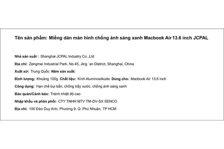 Miếng dán chống ánh sáng xanh Macbook Air 13.6 inch JCPAL Màu Trắng