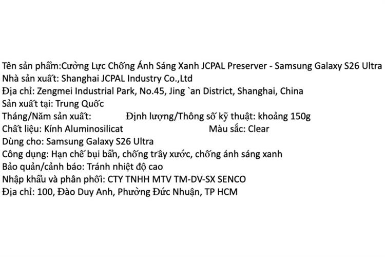 Miếng dán kính cường lực chống ánh sáng xanh Samsung Galaxy S26 Ultra JCPAL Màu Trắng