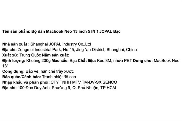 Bộ dán Macbook Neo 13 inch 5 IN 1 JCPAL Màu Bạc