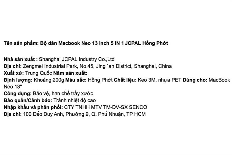 Bộ dán Macbook Neo 13 inch 5 IN 1 JCPAL Màu Hồng
