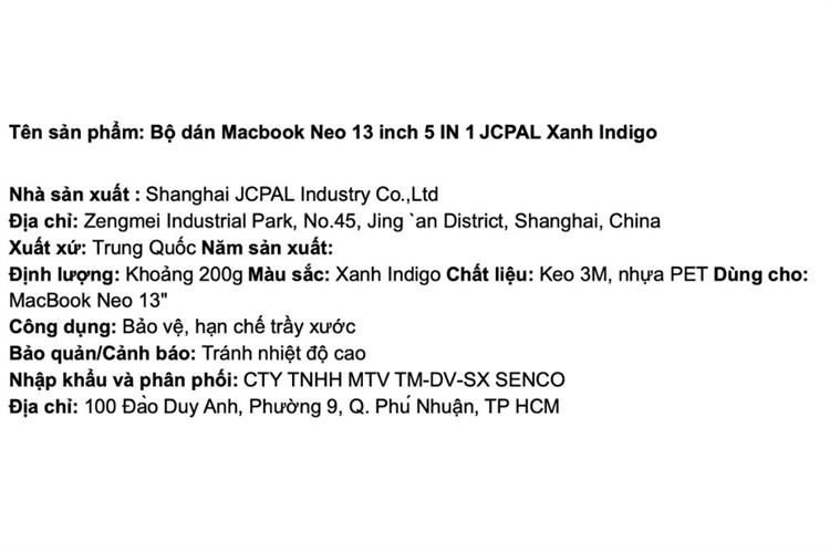 Bộ dán Macbook Neo 13 inch 5 IN 1 JCPAL Màu Xanh