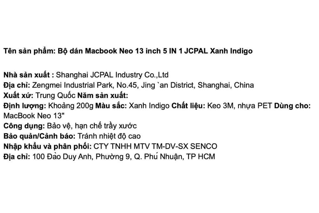 Bộ dán Macbook Neo 13 inch 5 IN 1 JCPAL Màu Xanh