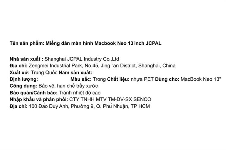 Miếng dán Macbook Neo 13 inch JCPAL Màu Trắng