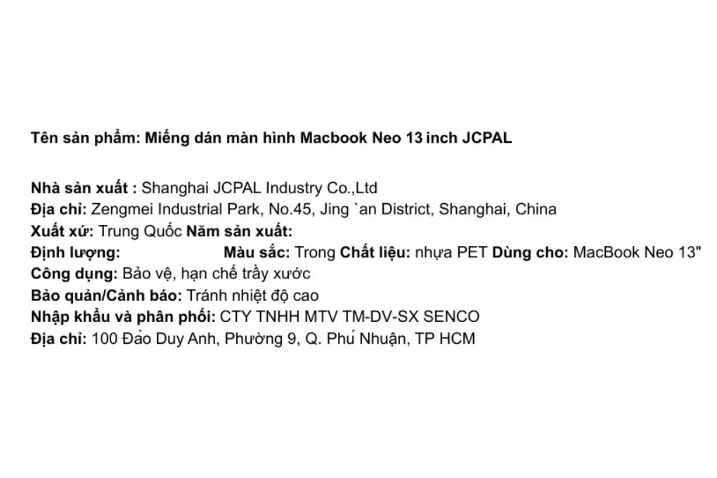Miếng dán Macbook Neo 13 inch JCPAL Màu Trắng