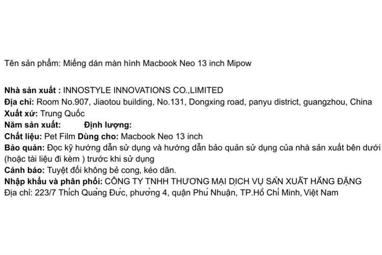 Miếng dán Macbook Neo 13 inch Mipow Màu Trắng