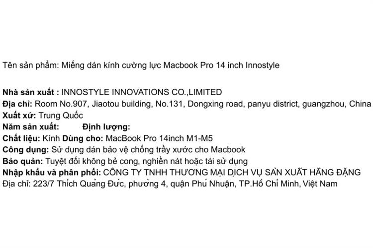 Miếng dán kính Macbook Pro 14 inch cường lực Innostyle Màu Trắng