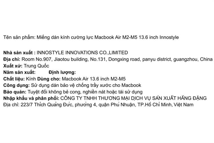 Miếng dán kính Macbook Air M2-M5 13.6 inch cường lực Innostyle Màu Trắng