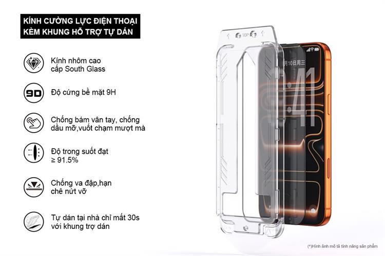 Miếng dán kính iPhone 17 Pro Max cường lực kèm khung JC AVA+ Màu Trắng