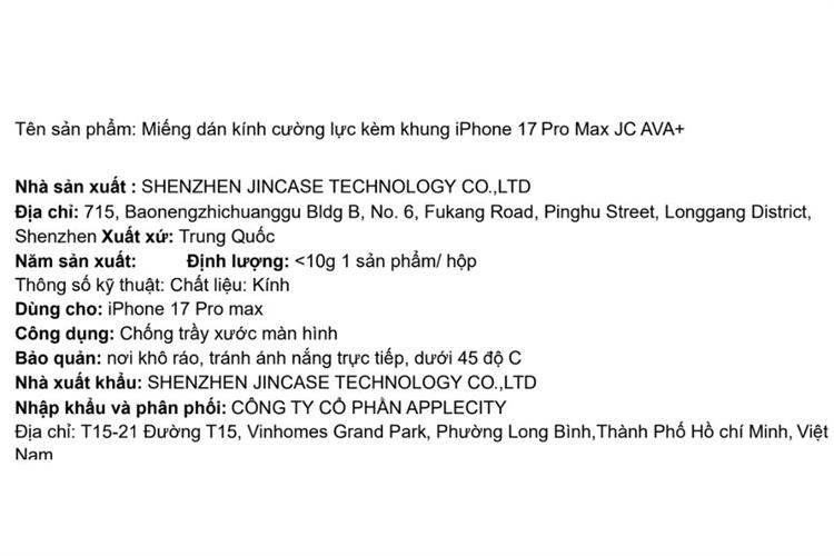 Miếng dán kính iPhone 17 Pro Max cường lực kèm khung JC AVA+ Màu Trắng
