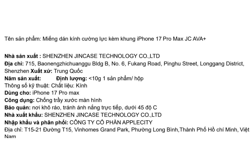 Miếng dán kính cường lực iPhone 17 Pro Max kèm khung JC AVA+ Màu Trắng