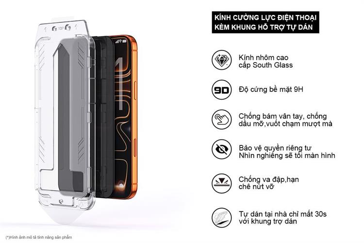 Miếng dán kính cường lực chống nhìn trộm iPhone 17 Pro Max kèm khung JC AVA+ Màu Trắng