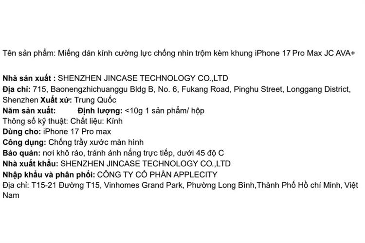 Miếng dán kính iPhone 17 Pro Max cường lực chống nhìn trộm kèm khung JC AVA+ Màu Trắng