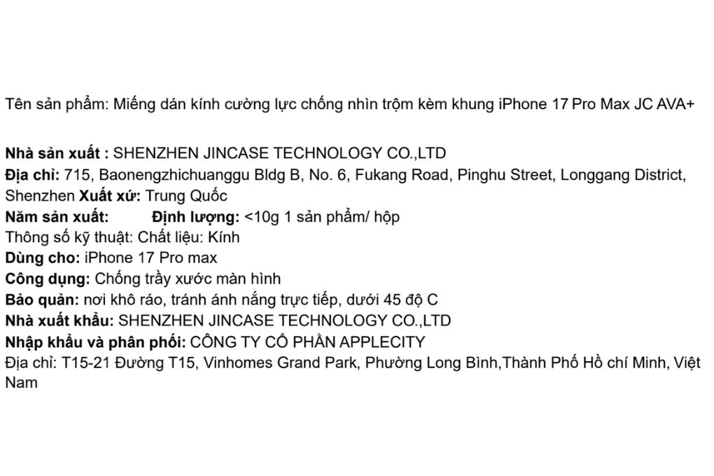 Miếng dán kính cường lực chống nhìn trộm iPhone 17 Pro Max kèm khung JC AVA+ Màu Trắng