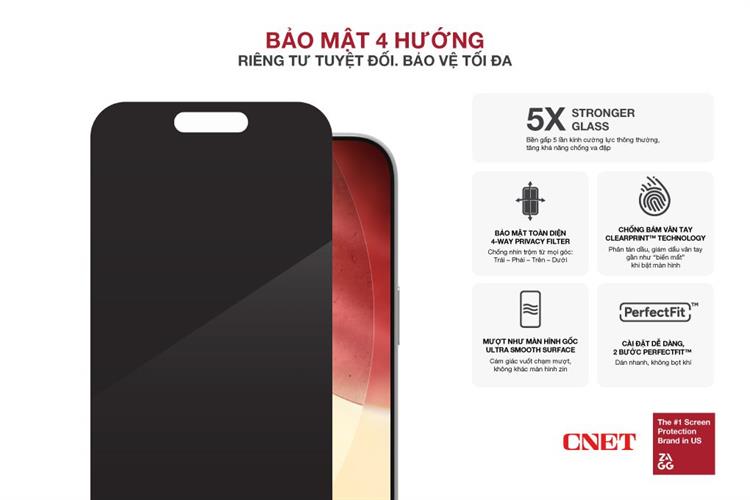 Miếng dán kính iPhone 17 Pro Max cường lực chống nhìn trộm không viền kèm khung ZAGG InvisibleShield XTR Màu Đen