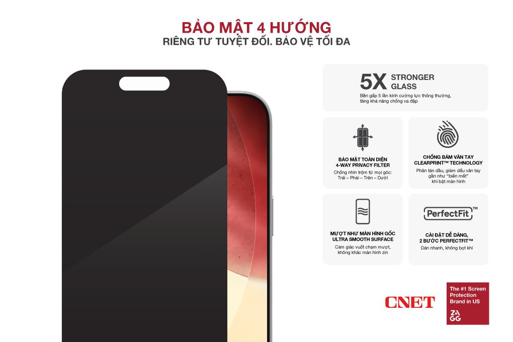 Miếng dán kính iPhone 17 Pro Max cường lực chống nhìn trộm không viền kèm khung ZAGG InvisibleShield XTR - 2