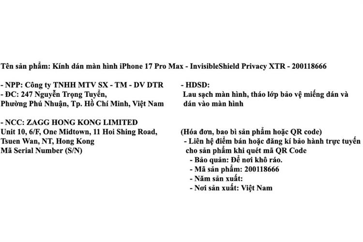 Miếng dán kính iPhone 17 Pro Max cường lực chống nhìn trộm không viền kèm khung ZAGG InvisibleShield XTR Màu Đen