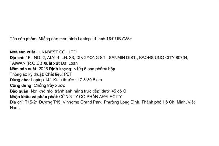 Miếng dán laptop 14 inch 16:9 UB AVA+ Màu Trắng