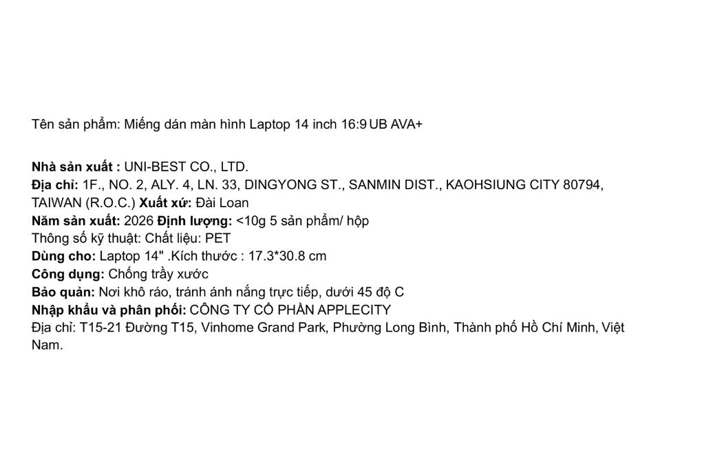 Miếng dán laptop 14 inch 16:9 UB AVA+ Màu Trắng