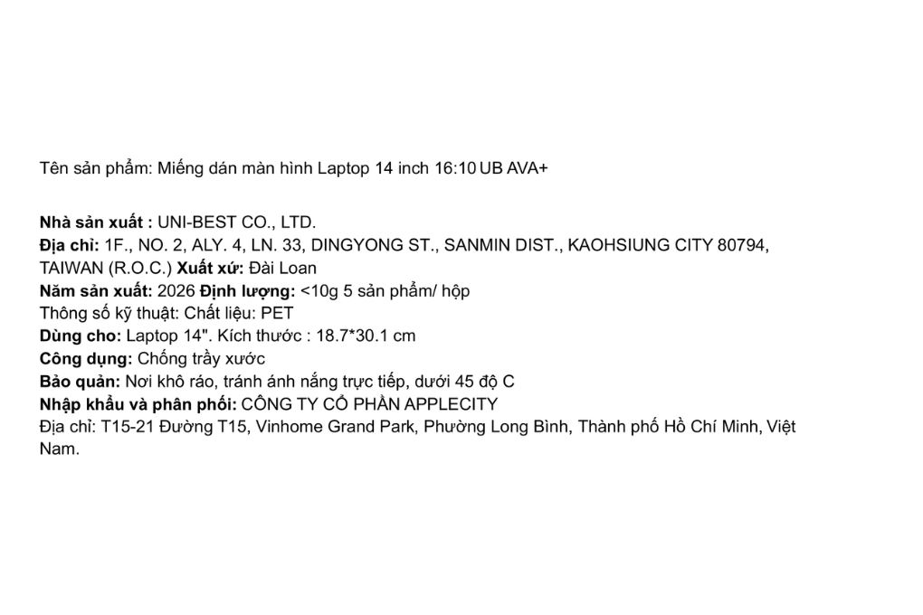 Miếng dán laptop 14 inch 16:10 UB AVA+ Màu Trắng