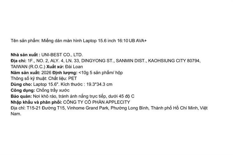 Miếng dán laptop 14 inch 15.6 inch 16:10 UB AVA+ Màu Trắng