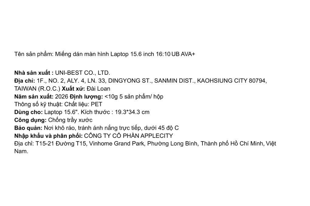 Miếng dán laptop 14 inch 15.6 inch 16:10 UB AVA+ Màu Trắng