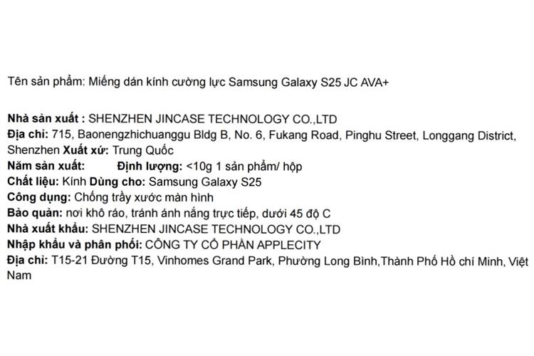 Miếng dán kính Samsung Galaxy S25 cường lực AVA+ JC Màu Trắng