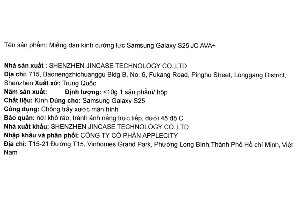 Miếng dán kính cường lực Samsung Galaxy S25 AVA+ JC Màu Trắng