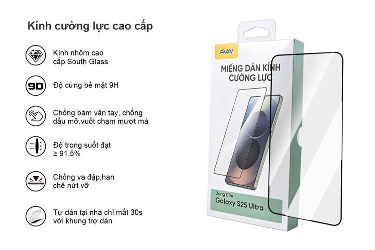 Miếng dán kính Samsung Galaxy S25 Ultra cường lực AVA+ Màu Trắng