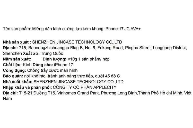 Miếng dán kính iPhone 17 cường lực kèm khung AVA+ JC Màu Trắng