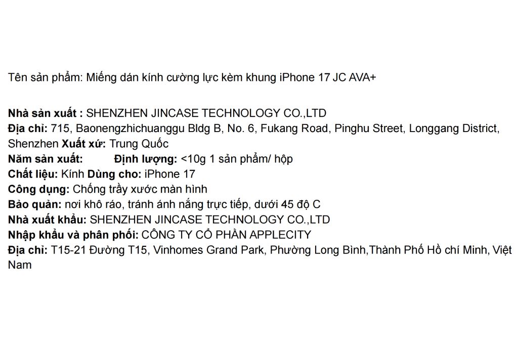 Miếng dán kính cường lực iPhone 17 kèm khung AVA+ JC Màu Trắng