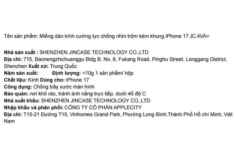 Miếng dán kính iPhone 17 cường lực chống nhìn trộm kèm khung AVA+ JC Màu Đen