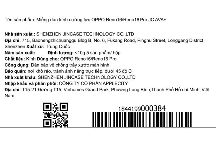 Miếng dán kính cường lực OPPO Reno16/Reno16 Pro AVA+ JC Màu Trắng