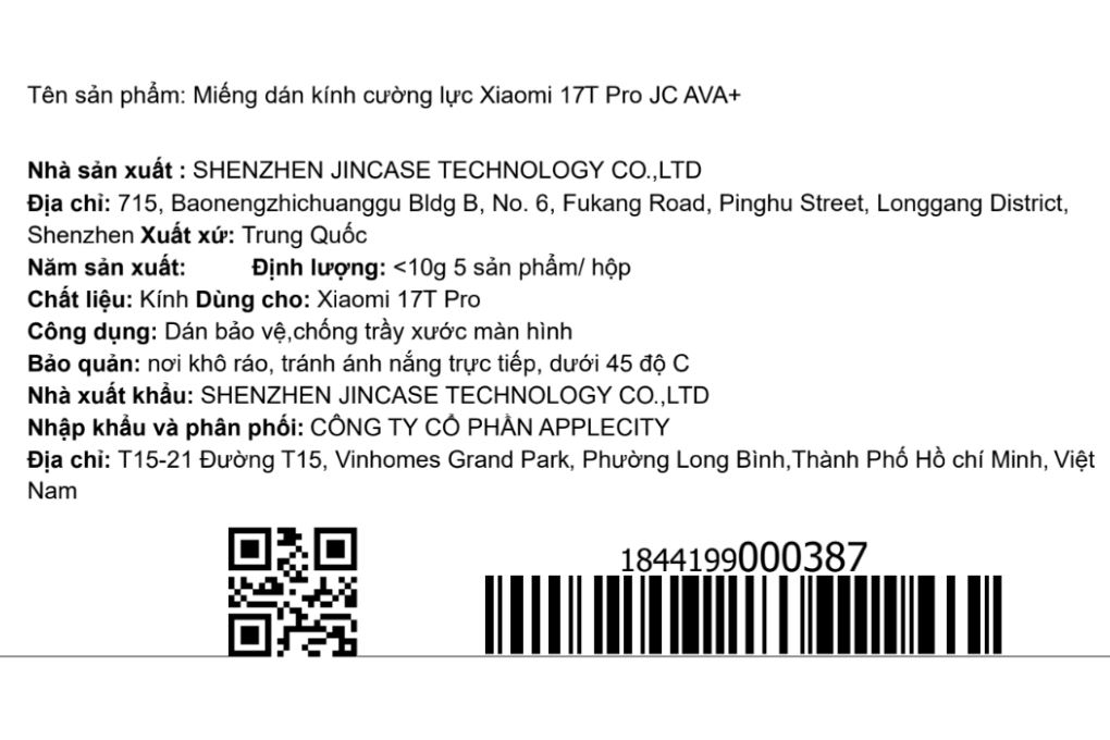 Miếng dán kính cường lực Xiaomi 17T Pro AVA+ JC Màu Trắng