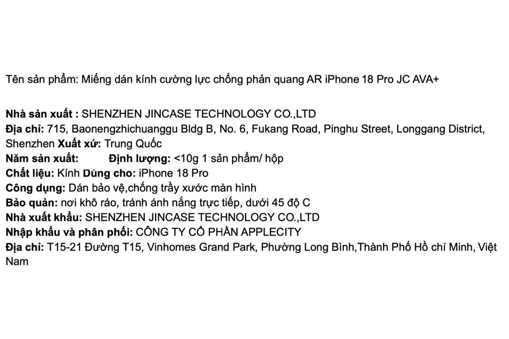 Miếng dán kính cường lực chống phản quang AR iPhone 18 Pro AVA+ JC Màu Trắng