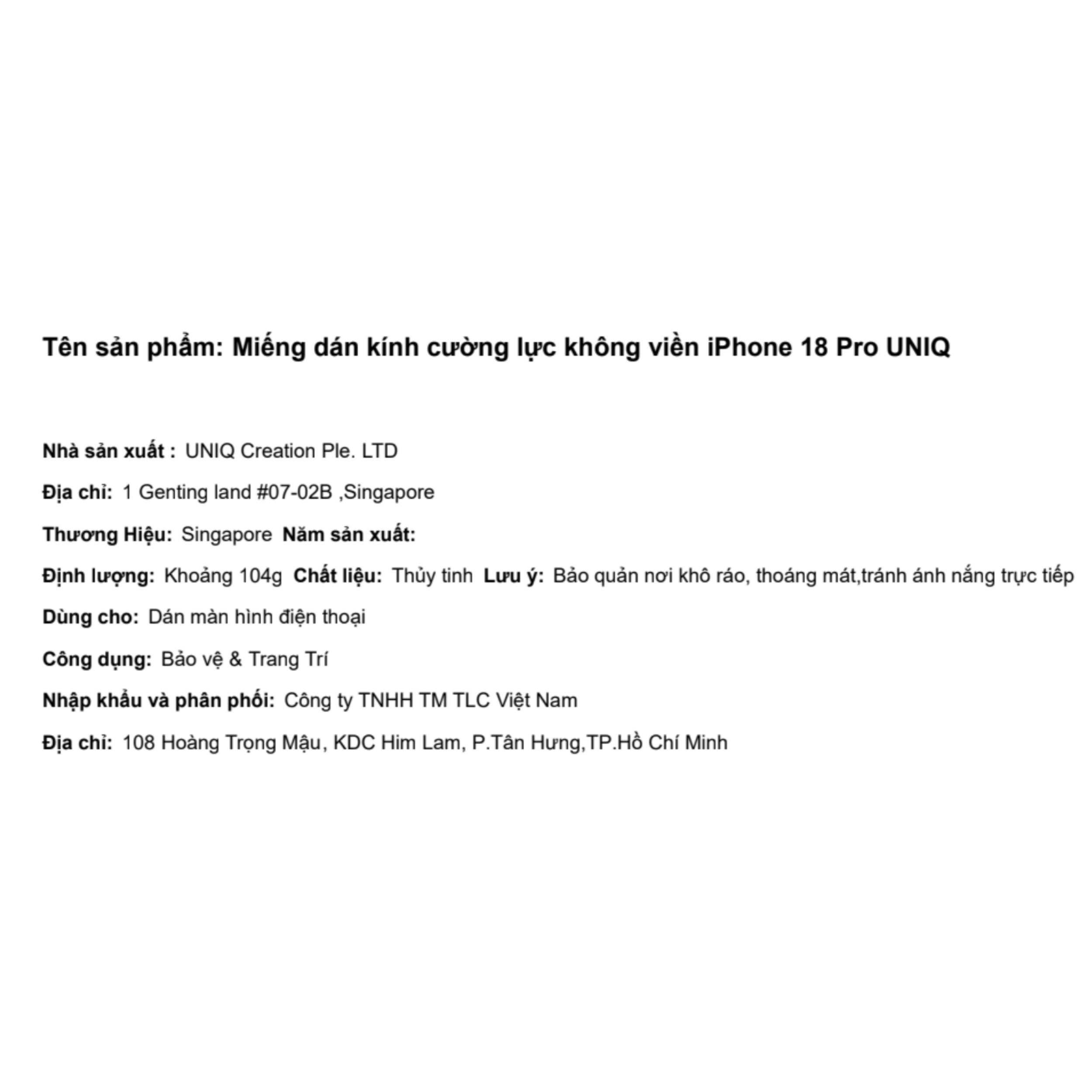 Miếng dán kính cường lực không viền iPhone 18 Pro UNIQ Màu Trắng