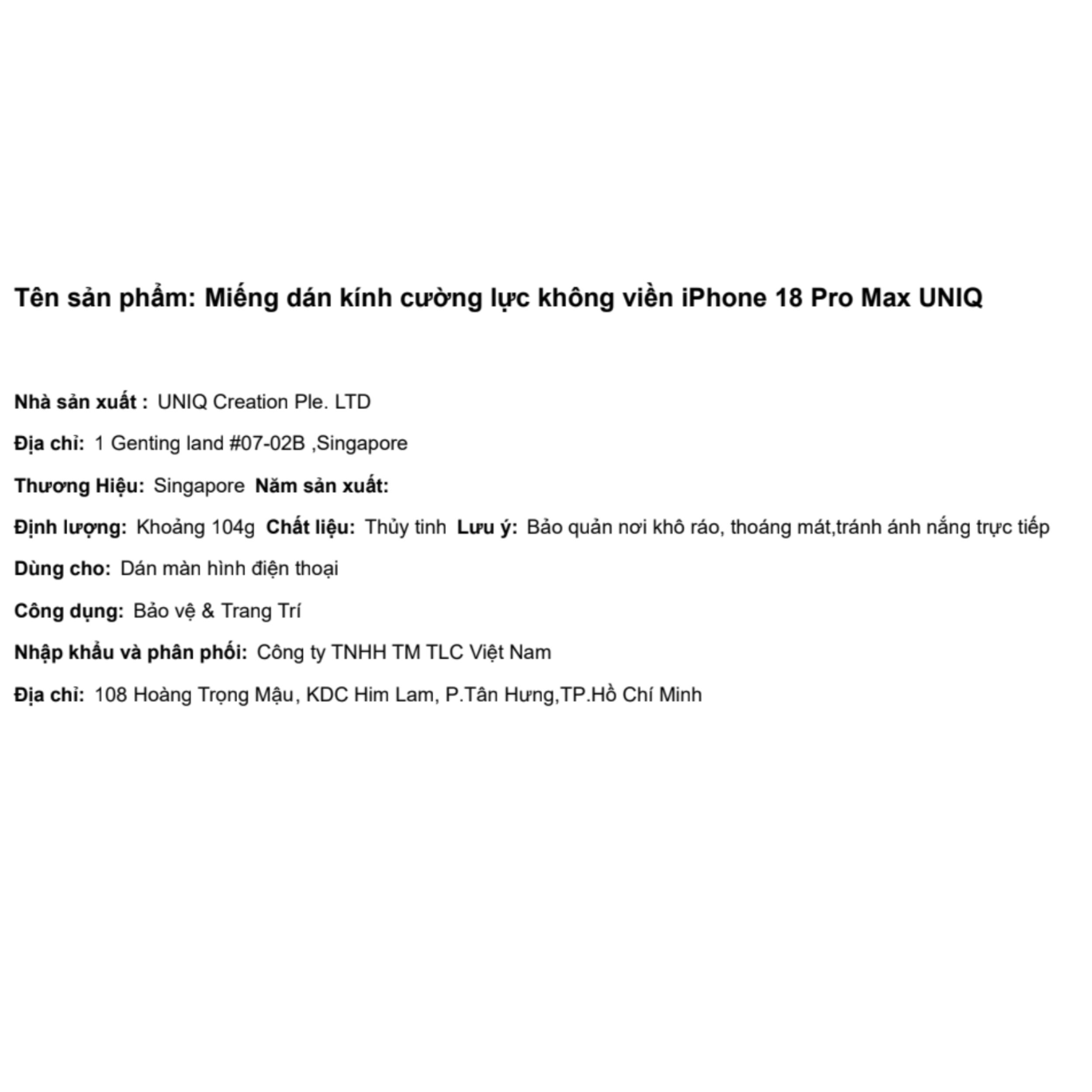 Miếng dán kính cường lực không viền iPhone 18 Pro Max UNIQ Màu Trắng