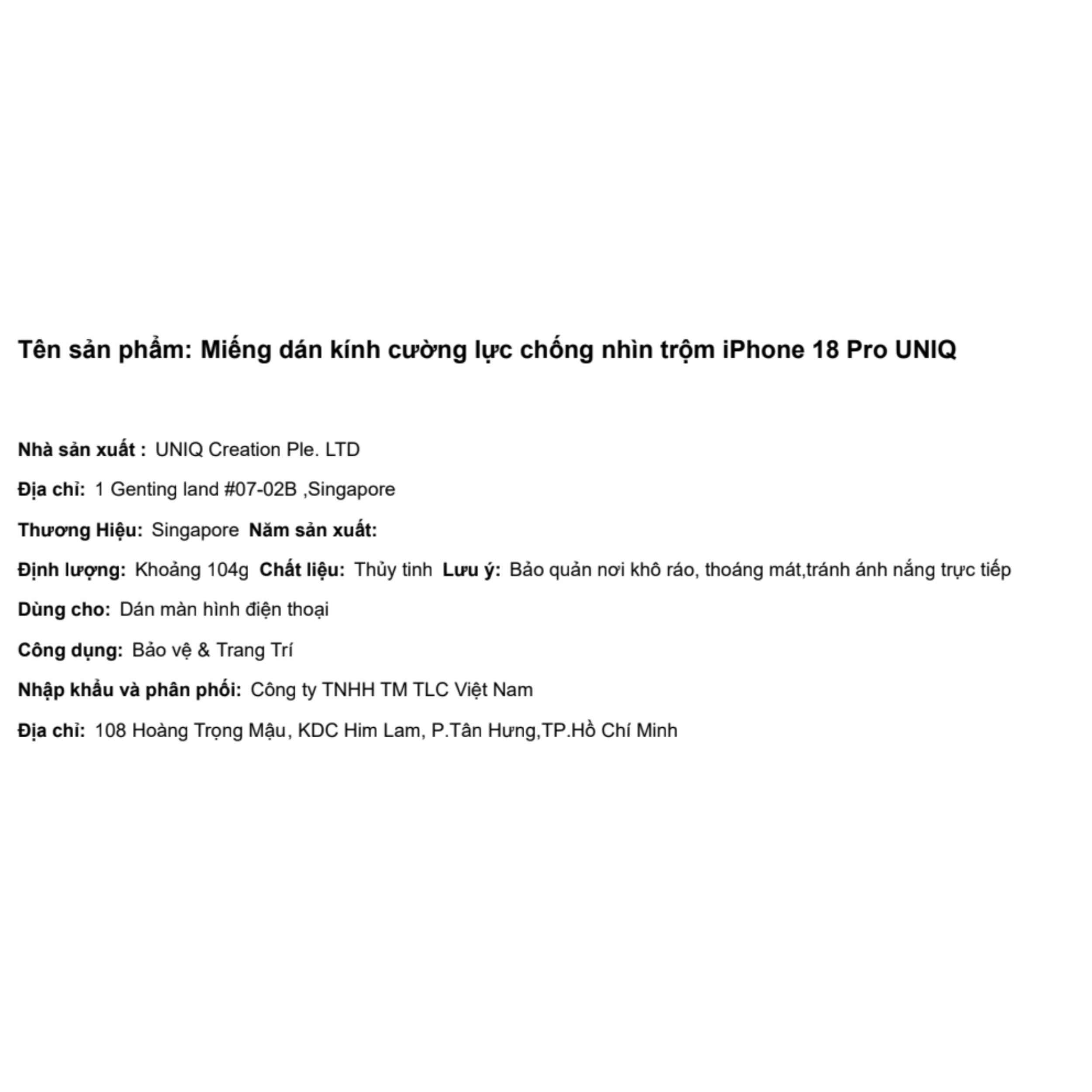 Miếng dán kính cường lực chống nhìn trộm iPhone 18 Pro UNIQ Màu Trắng