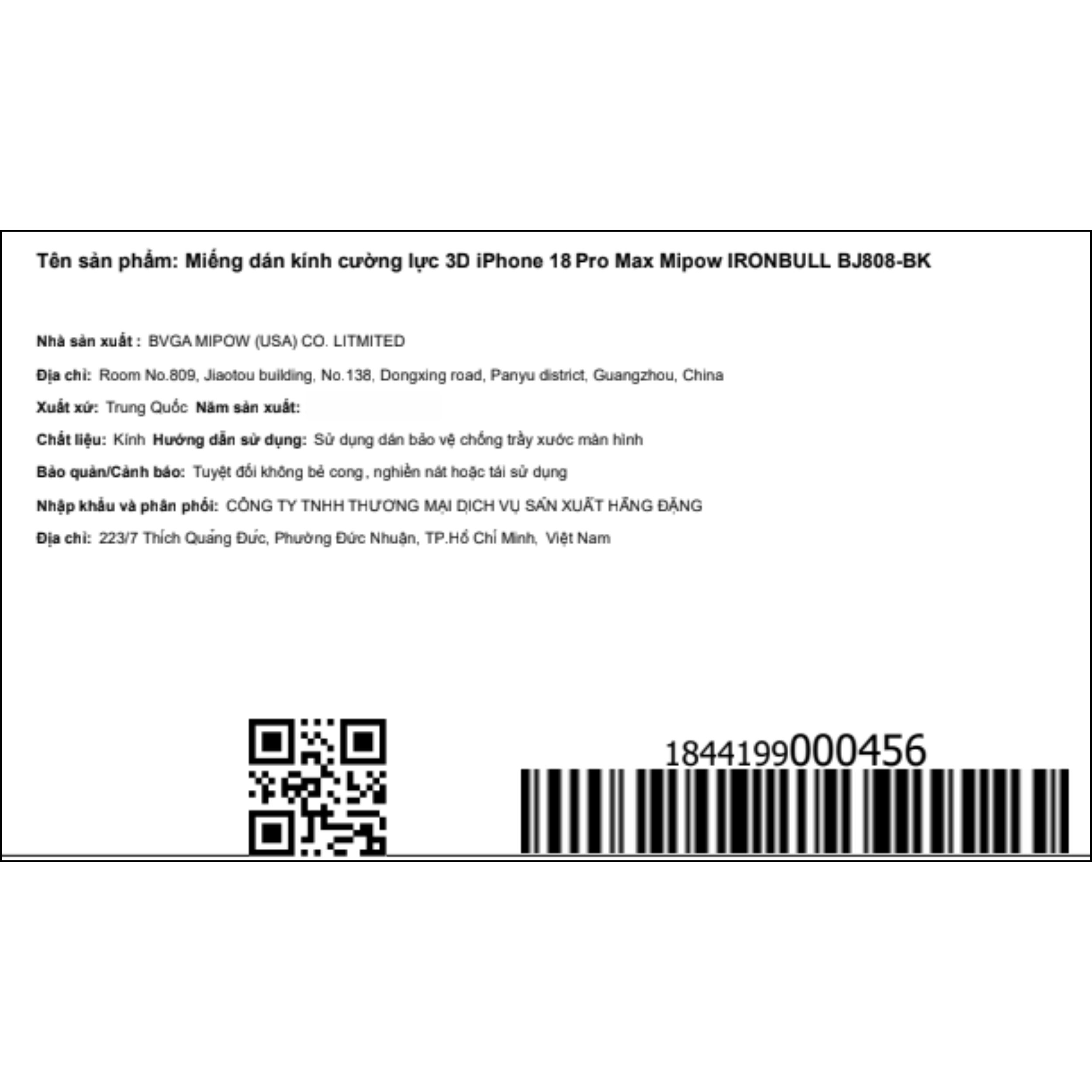 Miếng dán kính cường lực 3D iPhone 18 Pro Max Mipow IRONBULL BJ808-BK Màu Trắng