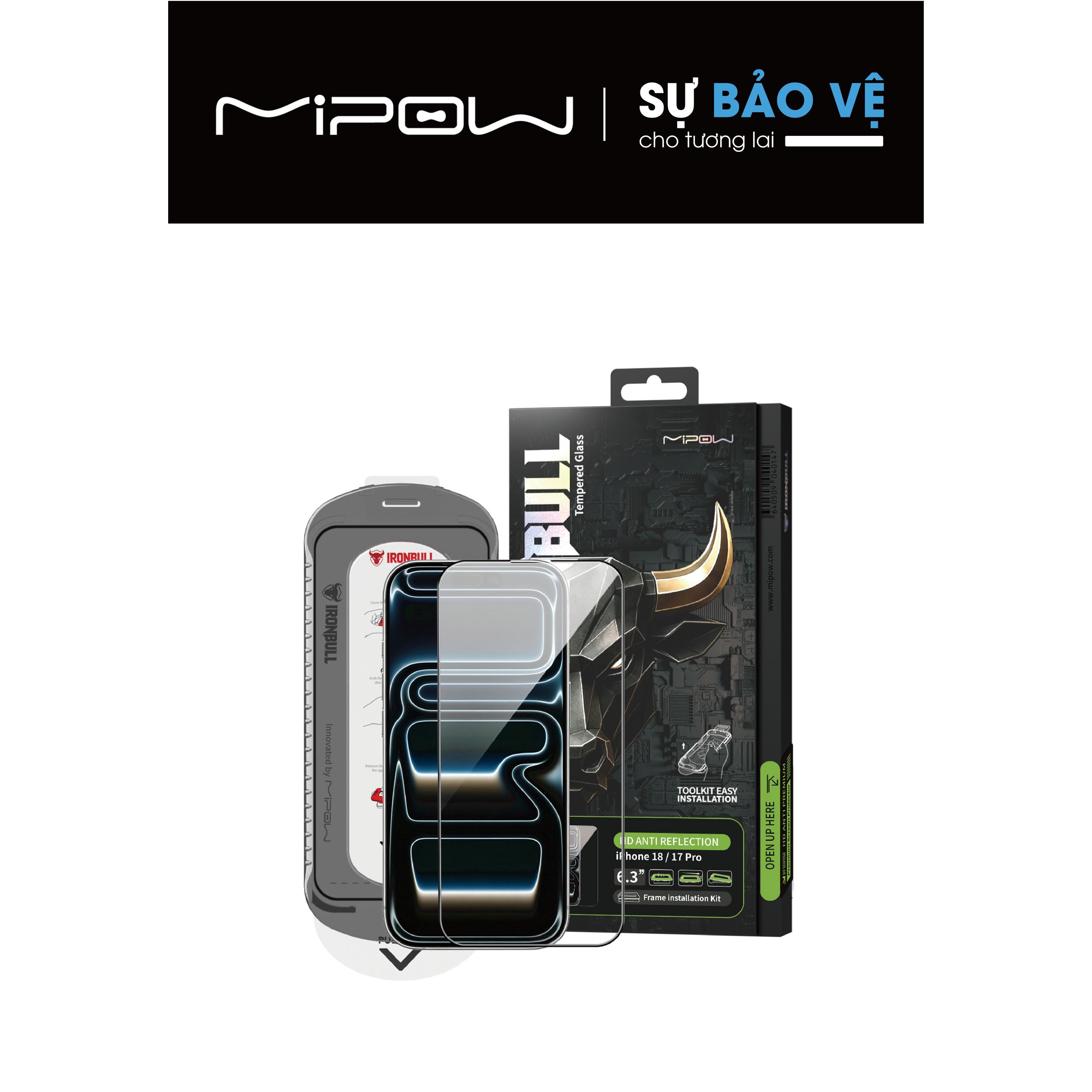 Miếng dán kính cường lực chống phản quang AR iPhone 18 Pro Mipow IRONBULL BJ813-BK Màu Trắng