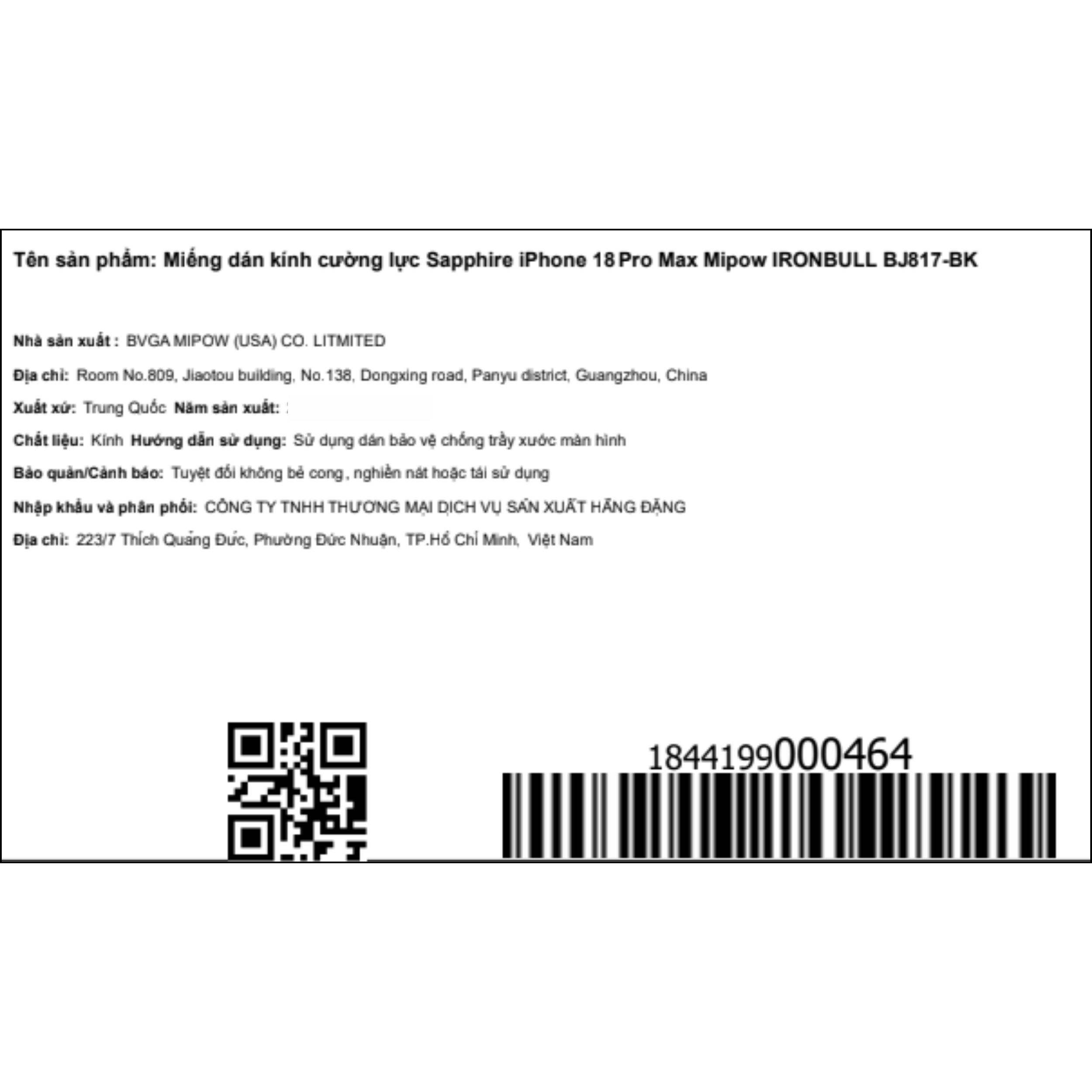Miếng dán kính cường lực Sapphire iPhone 18 Pro Max Mipow IRONBULL BJ817-BK Màu Trắng